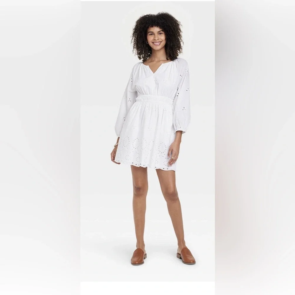 Women's Puff 3/4 Sleeve Eyelet Dress - Universal Thread White - Picture 4 of 5